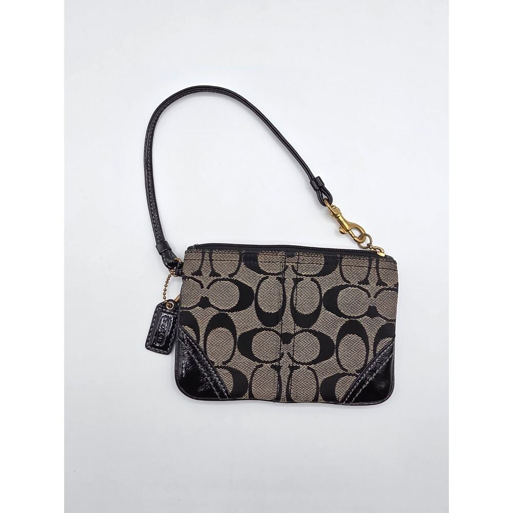 Coach Signature Canvas Wristlet Khaki Black Patent Leather Trim Zip Pouch